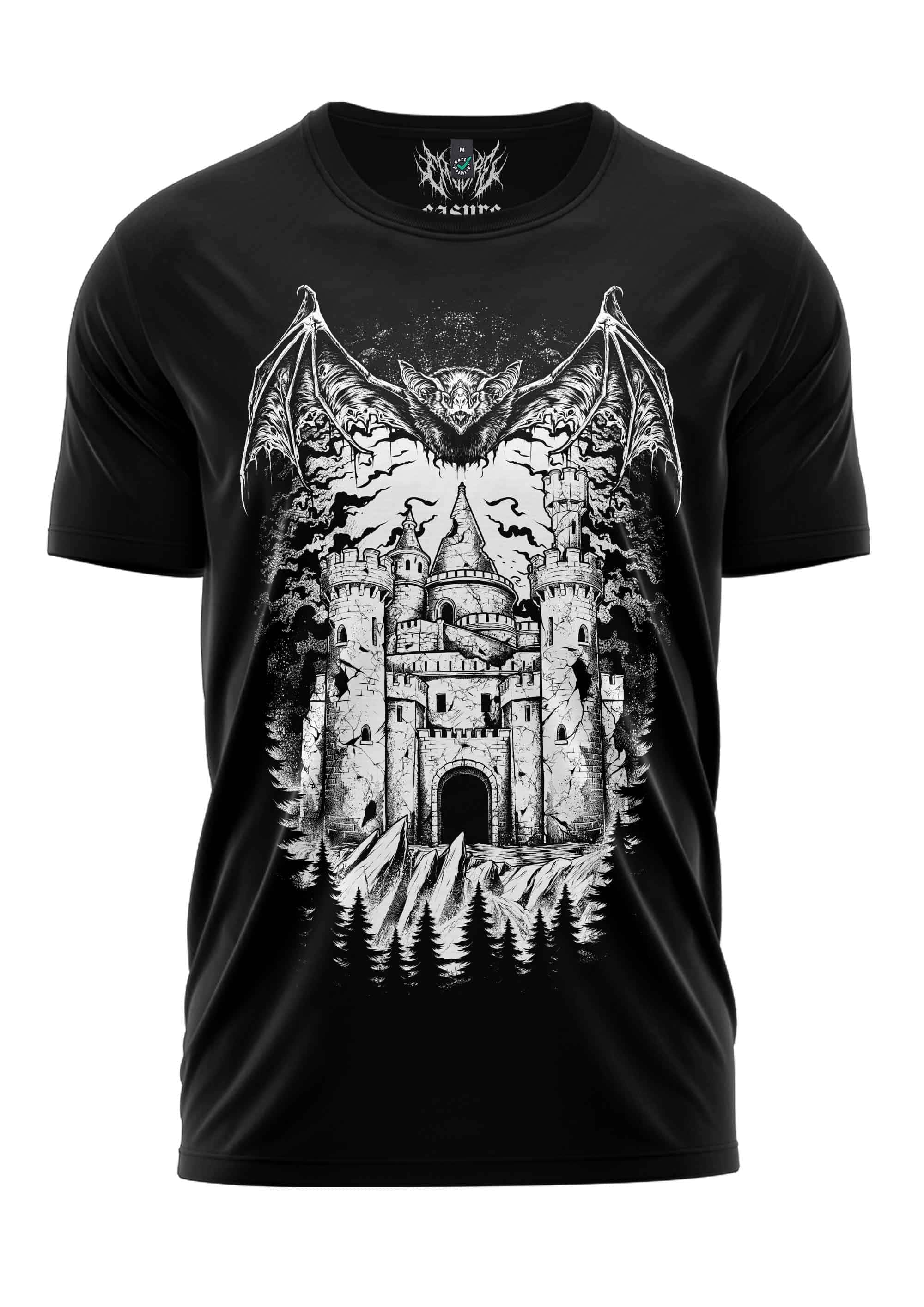 Schwarzes kurzarmshirt mit gothic horror grafik eines schlosses umgeben von fledermäusen und bäumen, vampires castle shirt